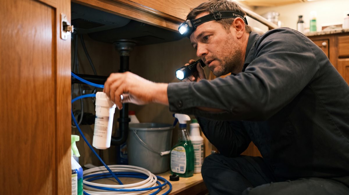 Plumber fitting a post-filter cartridge to an under-sink reverse osmosis system
