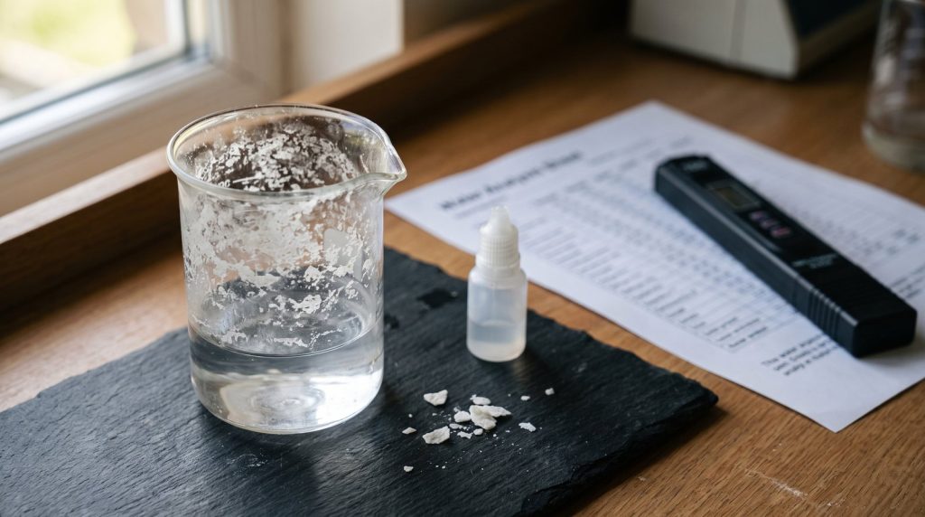 Glass beaker with white mineral scale crusted on the inside next to a water analysis sheet and TDS meter