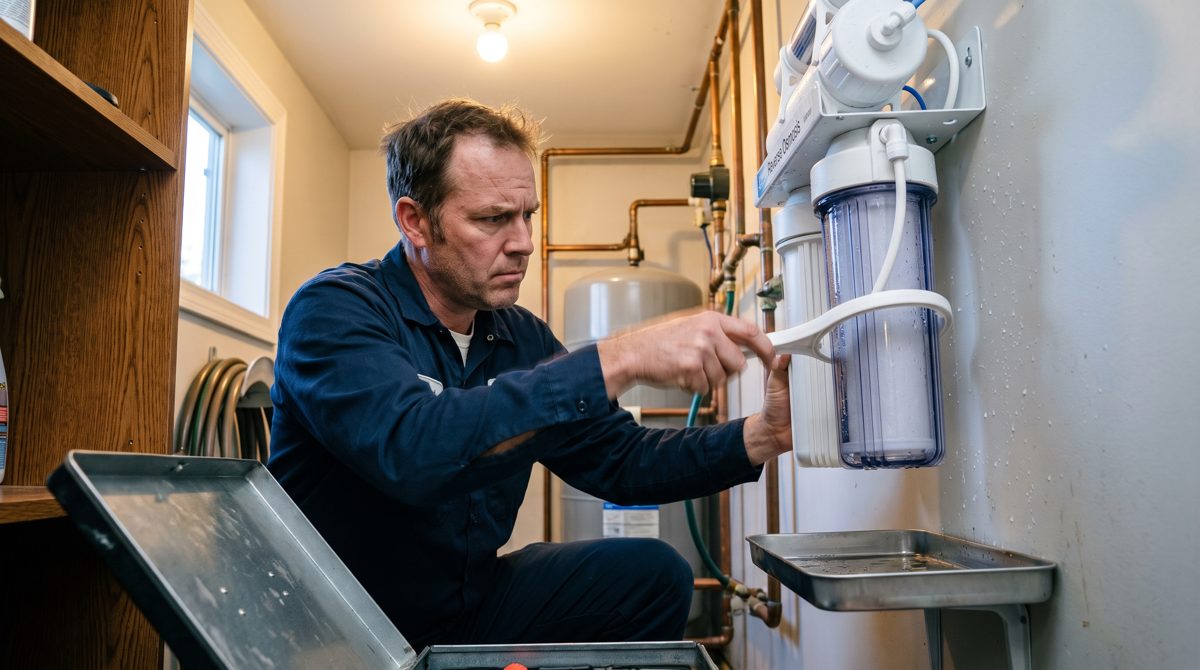 Technician replacing a filter housing on a wall-mounted reverse osmosis unit
