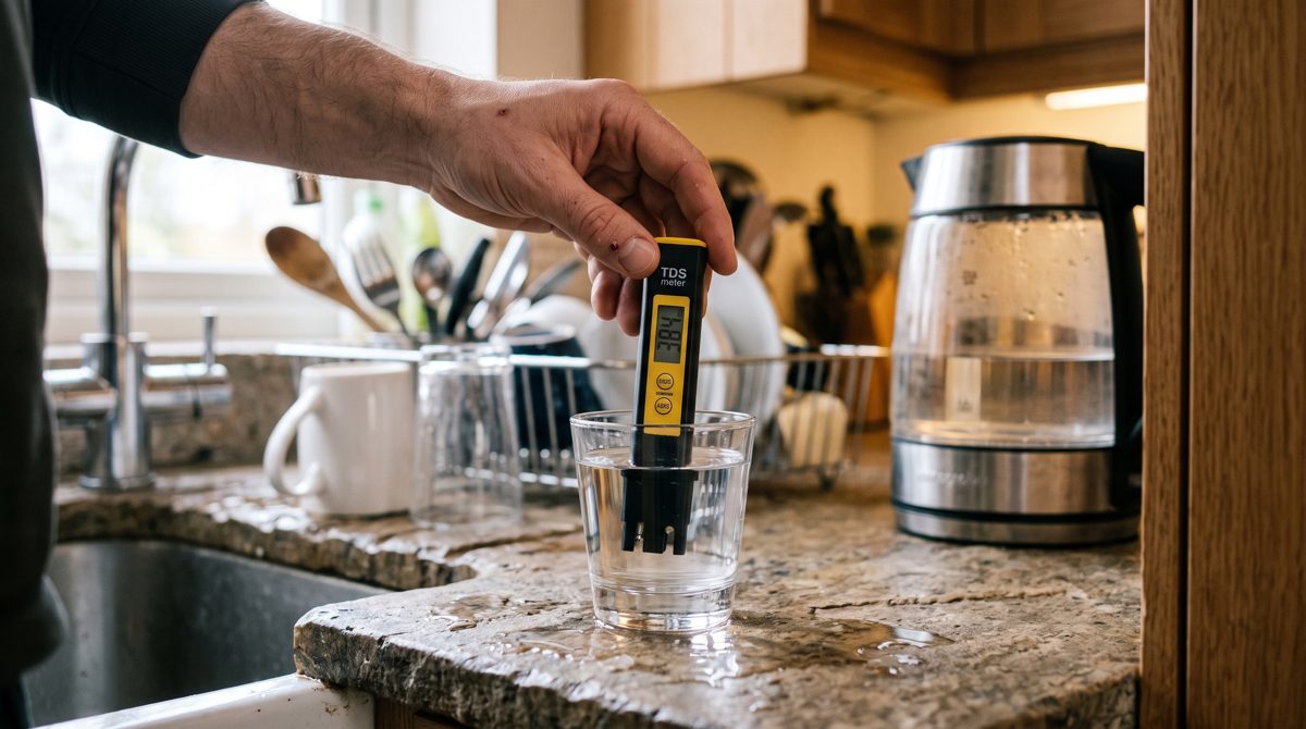 Hand holding a digital TDS meter in a glass of tap water on a kitchen counter