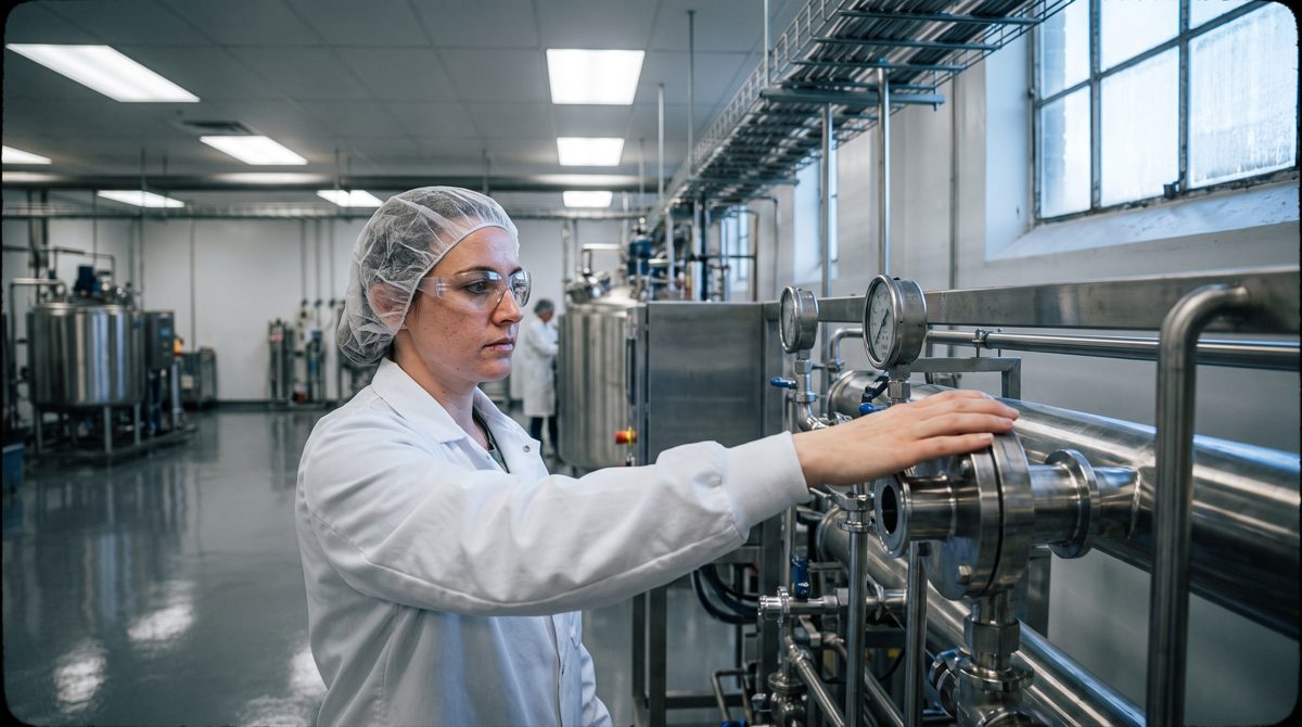 Technician checking a stainless steel purified water skid in a pharmaceutical plant
