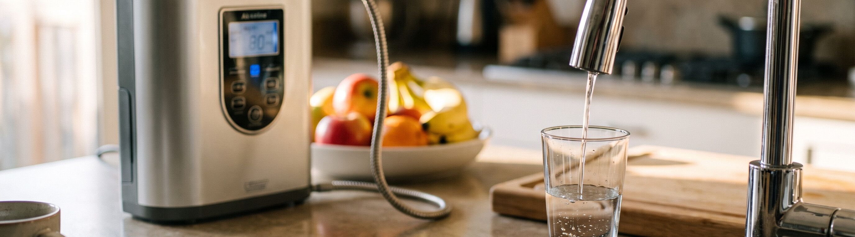 Countertop alkaline water ionizer connected to a kitchen faucet in a modern home kitchen Countertop alkaline water ionizer connected to a kitchen faucet in a modern home kitchen