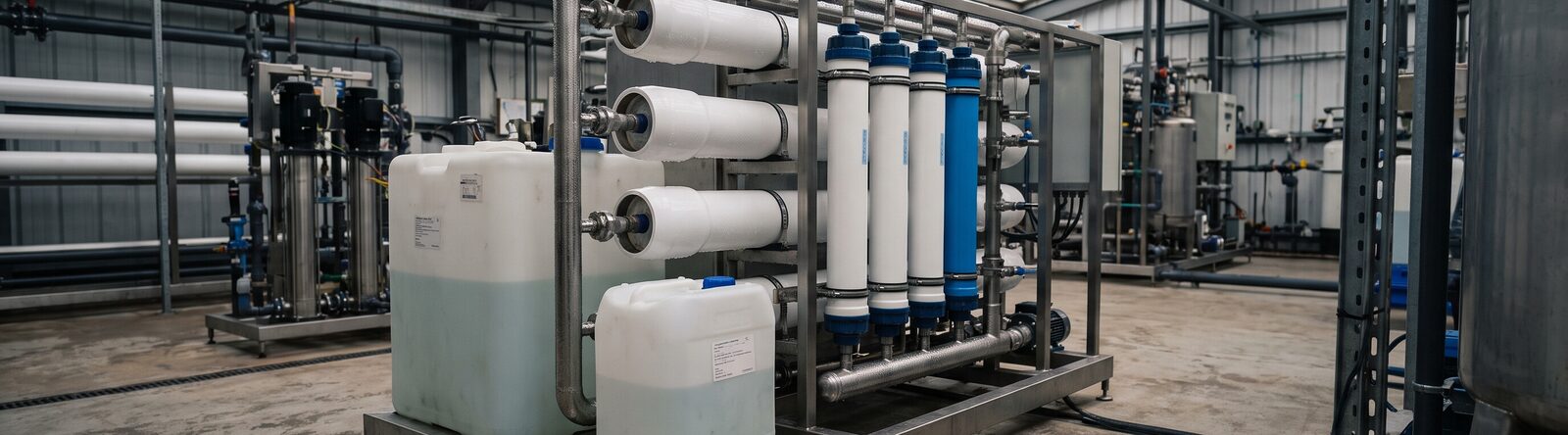 Forward osmosis pilot skid with membrane cartridges and draw-solution tanks inside a working industrial water treatment facility Forward osmosis pilot skid with membrane cartridges and draw-solution tanks inside a working industrial water treatment facility