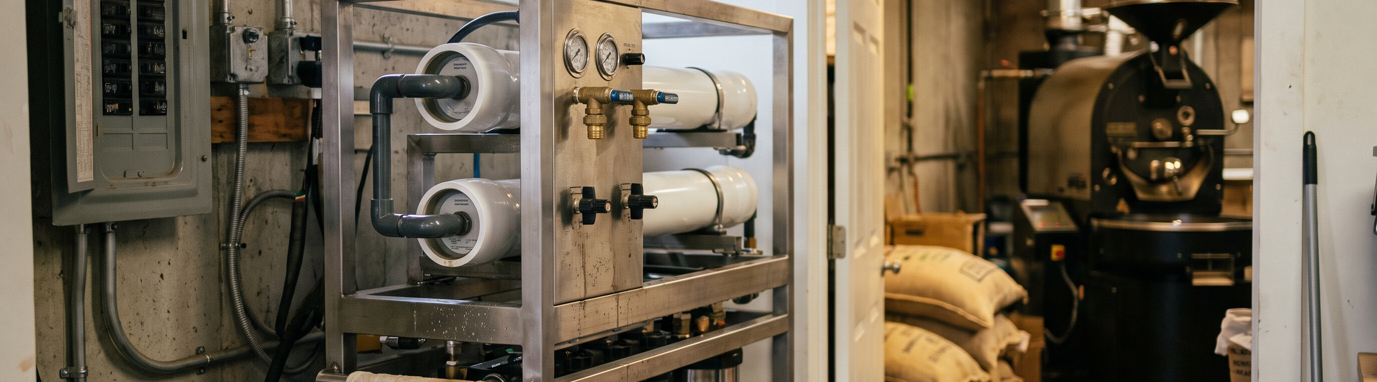 Compact commercial reverse osmosis system installed in the utility closet of a working craft coffee roastery Compact commercial reverse osmosis system installed in the utility closet of a working craft coffee roastery