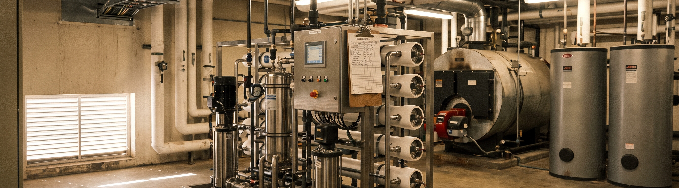 Mid-size commercial reverse osmosis skid installed in a hotel's central mechanical plant room, boilers and hot water tanks in the background Mid-size commercial reverse osmosis skid installed in a hotel's central mechanical plant room, boilers and hot water tanks in the background