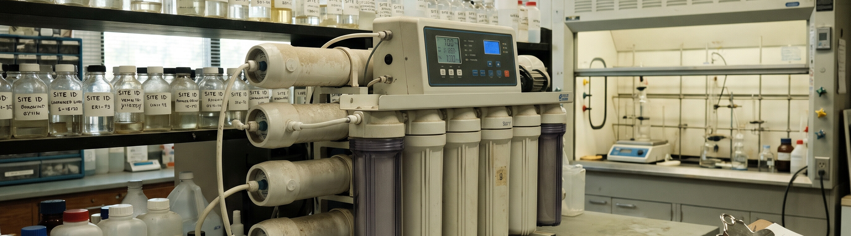 Multi-stage Type 1/2/3 laboratory water purification system inside a busy environmental testing lab