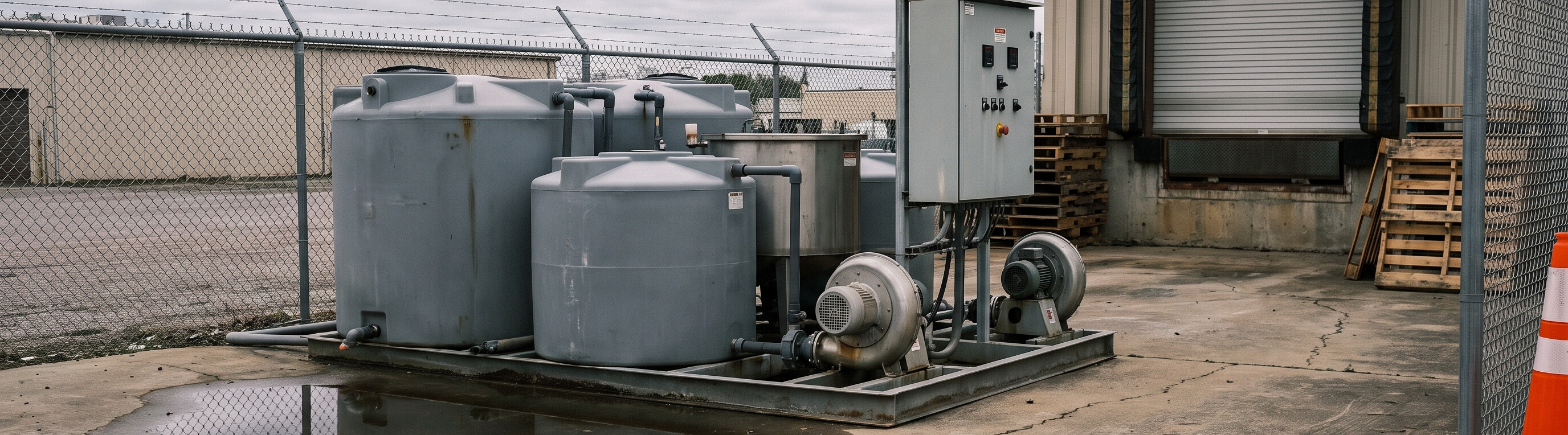Industrial wastewater treatment skid with tanks and blowers installed outdoors at a manufacturing plant's rear yard Industrial wastewater treatment skid with tanks and blowers installed outdoors at a manufacturing plant's rear yard